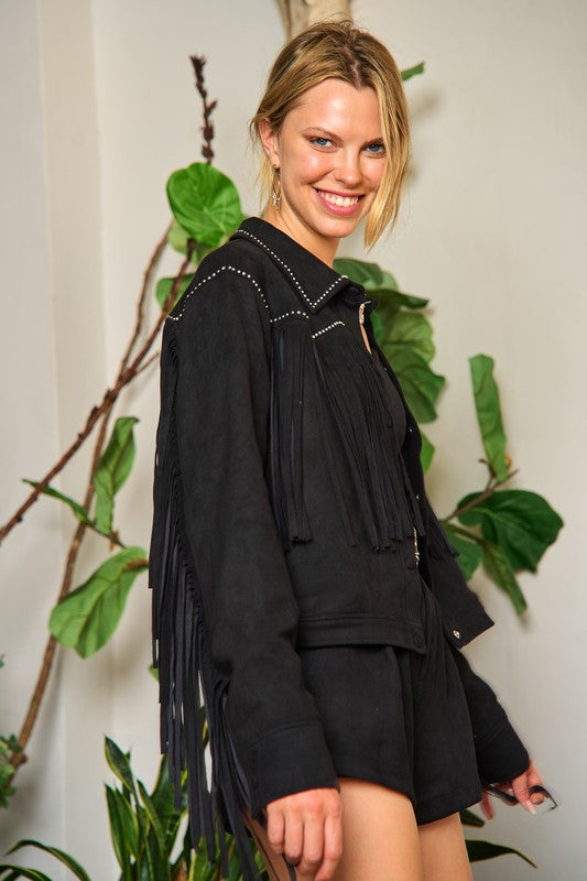 Plus Size Suede Studded Fringe Jacket -2 Colors