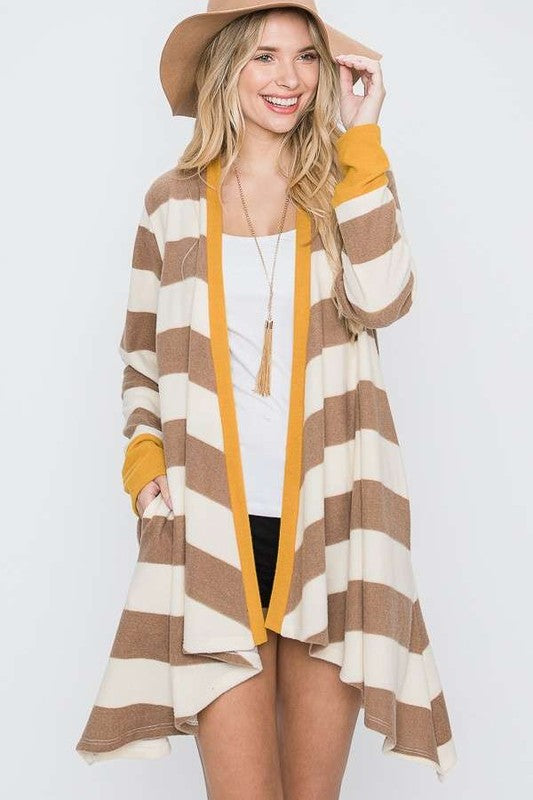 PLUS SIZE OPEN FRONT STRIPED DRAPED CARDIGAN- 3 COLORS