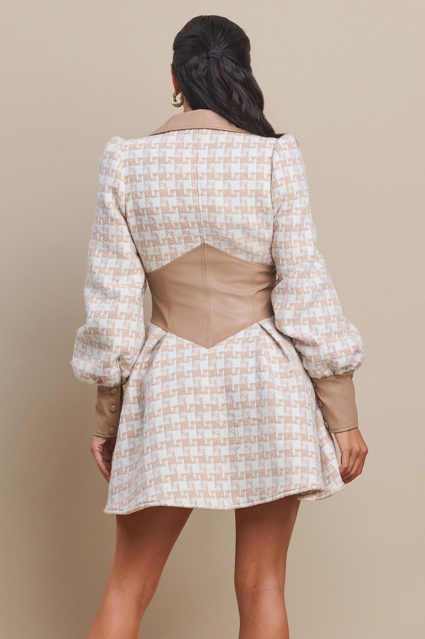 Leather on Tweed Flare Mini Flare Dress Jacket- Taupe