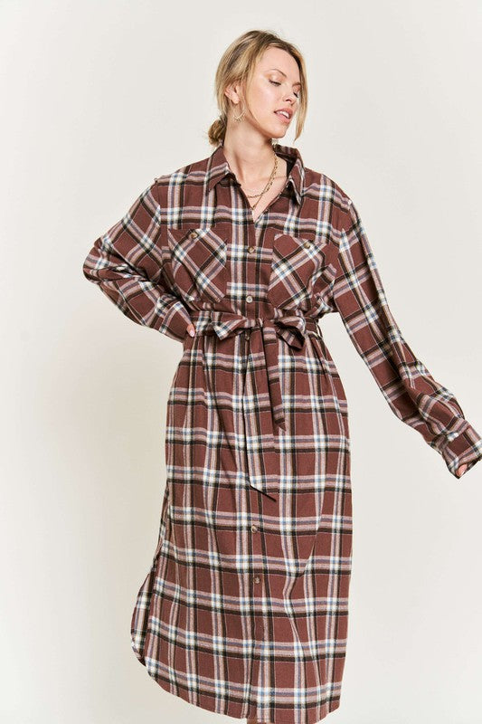 PLUS SIZE PLAID PRINT COLLAR LONG SHIRT DRESS-3 COLORS