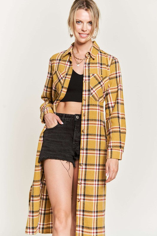 PLUS SIZE PLAID PRINT COLLAR LONG SHIRT DRESS-3 COLORS