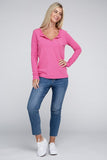 Melange Baby Waffle V-Neck Long Sleeve Top-3 Colors