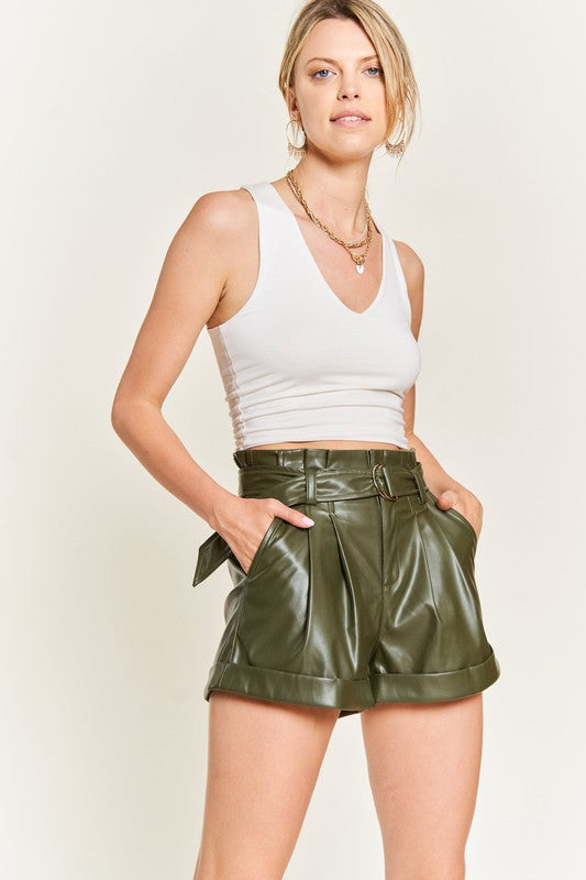 High-rise Waist Belted Faux Leather Shorts- 2 Colors