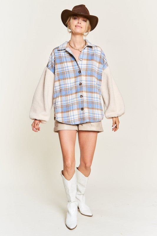Multi Plaid Fuzzy Sleeve Jacket-2 Colors