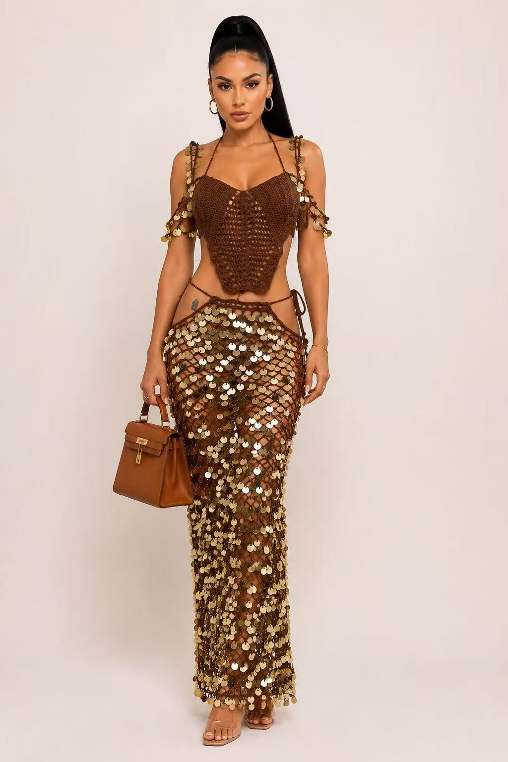 Tulum Morning Sequin Resort Skirt Set- Brown/Gold