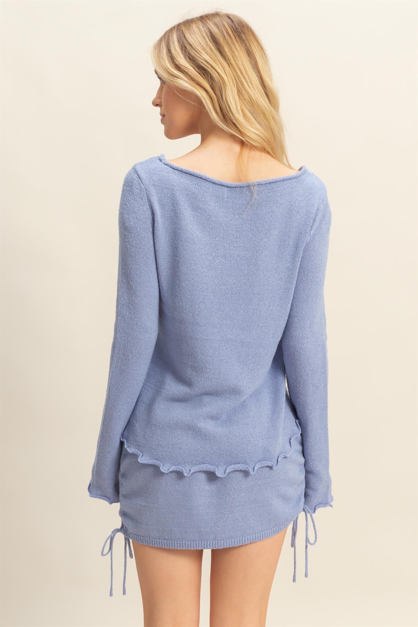 Chill Mode Long Sleeve Top & Ruched Laced Up Side Mini Skirt Set- Periwinkle
