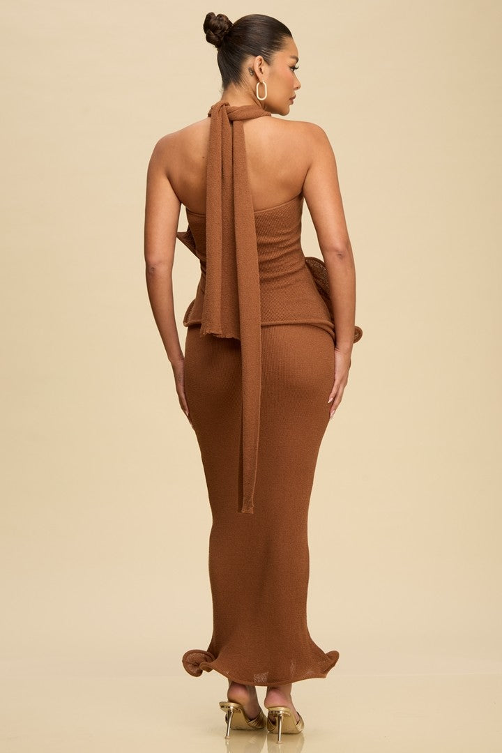 Knit Ruffle Halter Maxi Dress-Brown