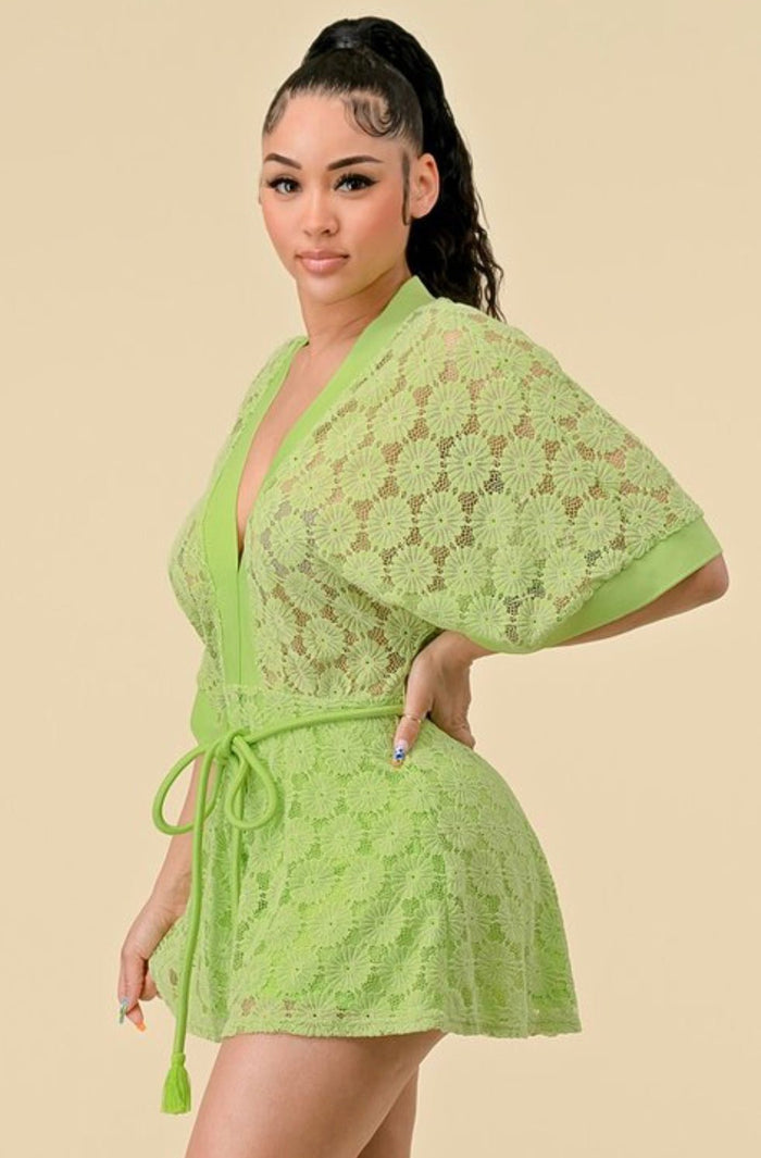 Crochet Flower Petal Romper- Green
