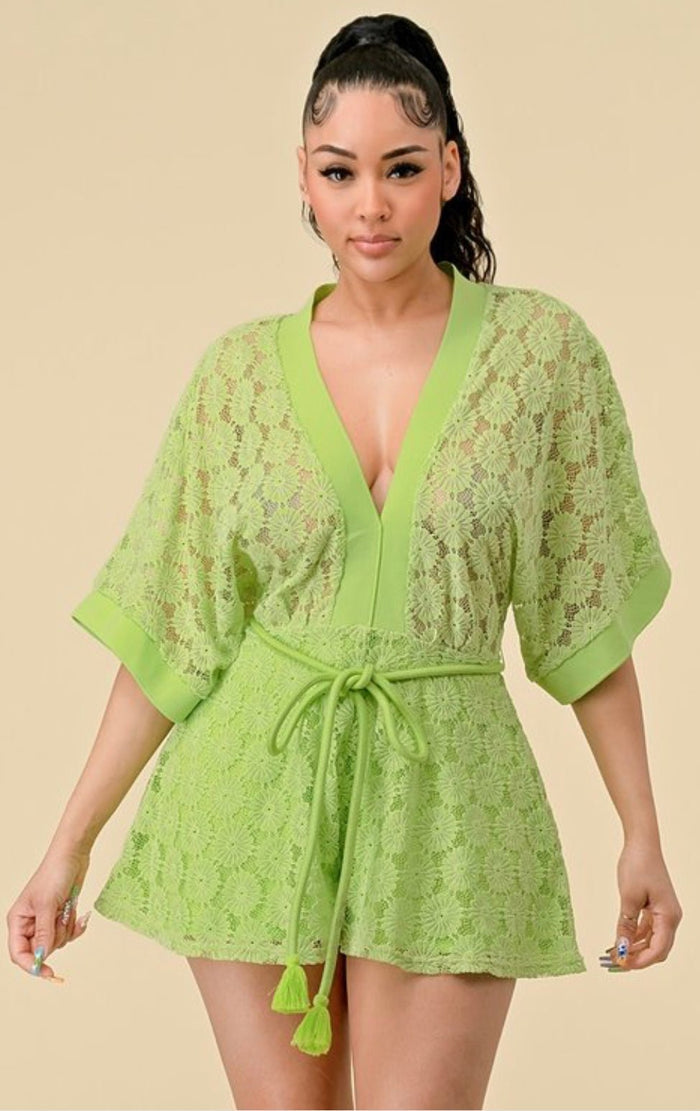 Crochet Flower Petal Romper- Green