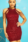 SEQUINS BODYCON PARTY DRESS WITH SHOULDER BEADS-4 COLORS