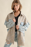 TWEED MIXED DENIM JACKET SHACKET WITH FRINGED HEM-2 COLORS