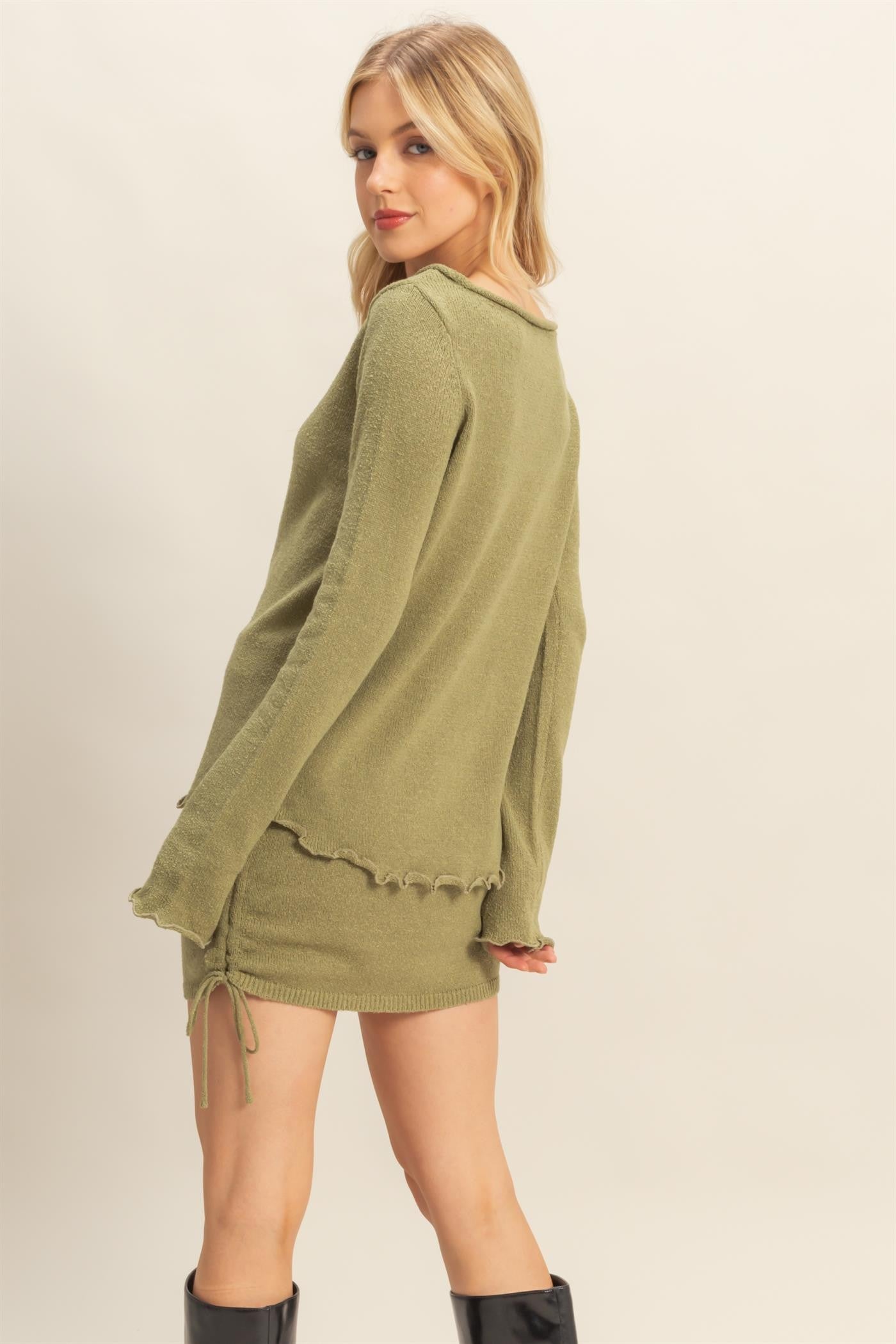 Chill Mode Long Sleeve Top & Ruched Laced Up Side Mini Skirt Set- Green