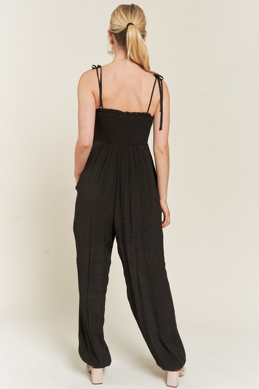 SMOCKED TIE STRAP JUMPSUIT-2 COLORS