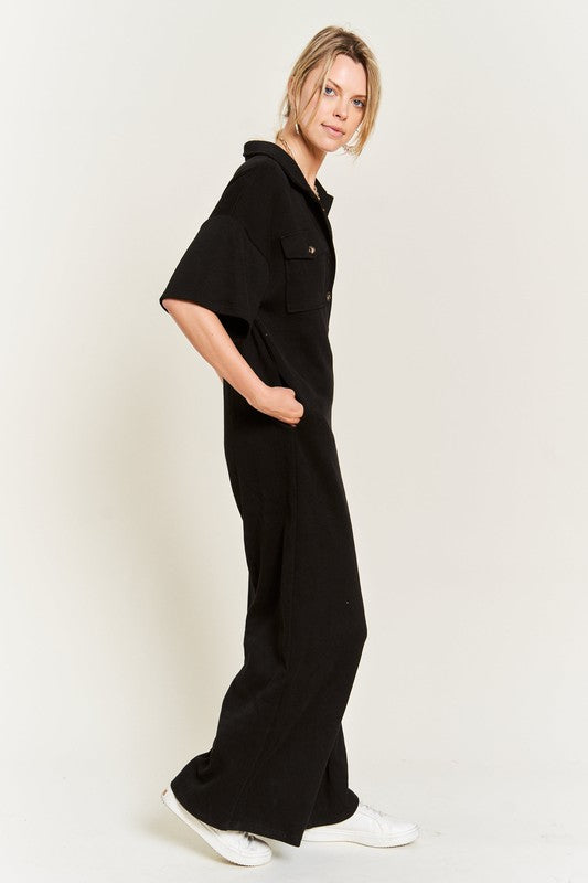 Basic Collar Shirt Wide Leg Jumpsuit-3 Colors