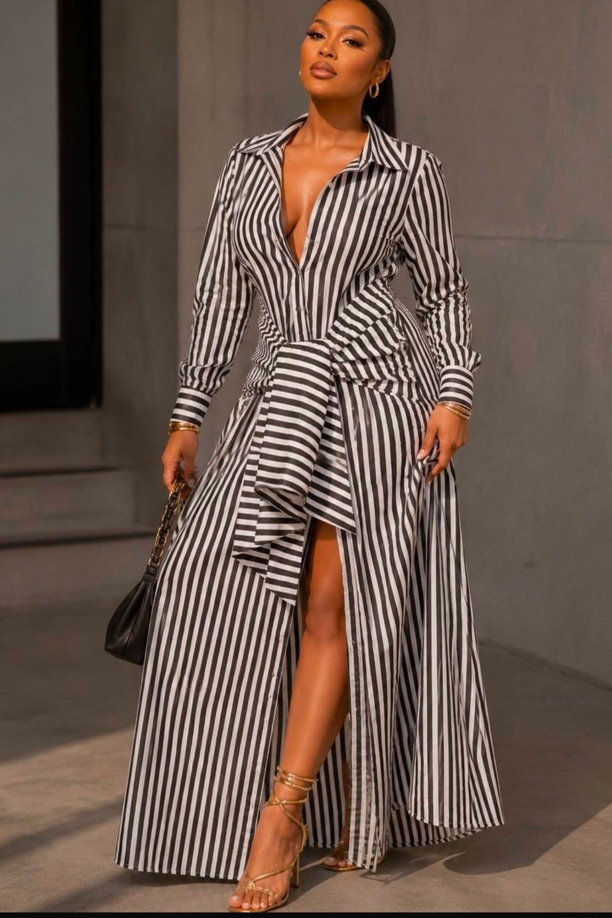Grey & White Striped Long Sleeve Maxi Dress w/ Knot