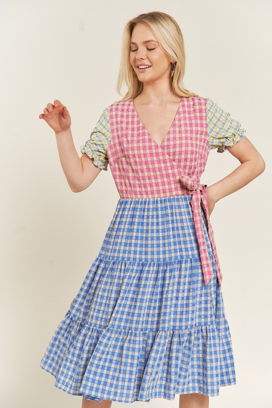 PLUS SIZE COLORBLOCK GINGHAM DRESS