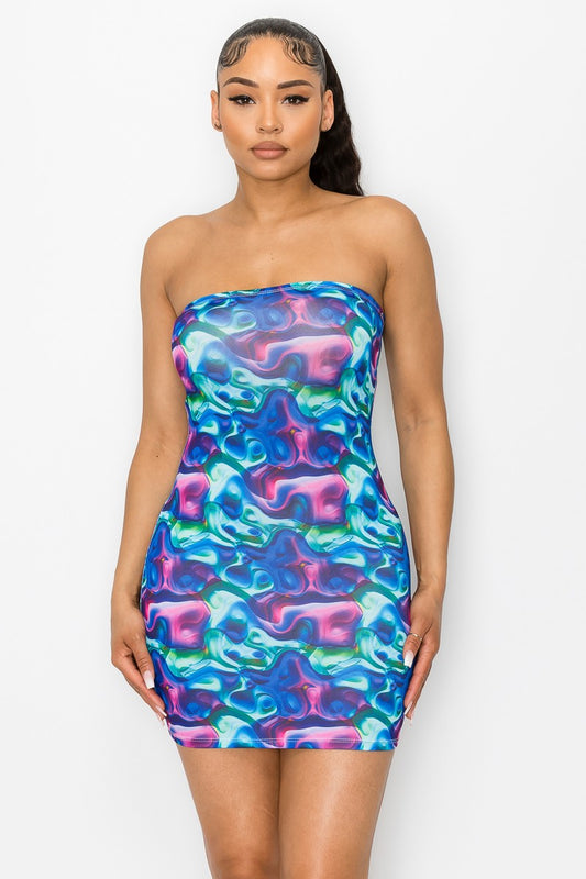 Multi Blue Water Color Tube Mini Dress