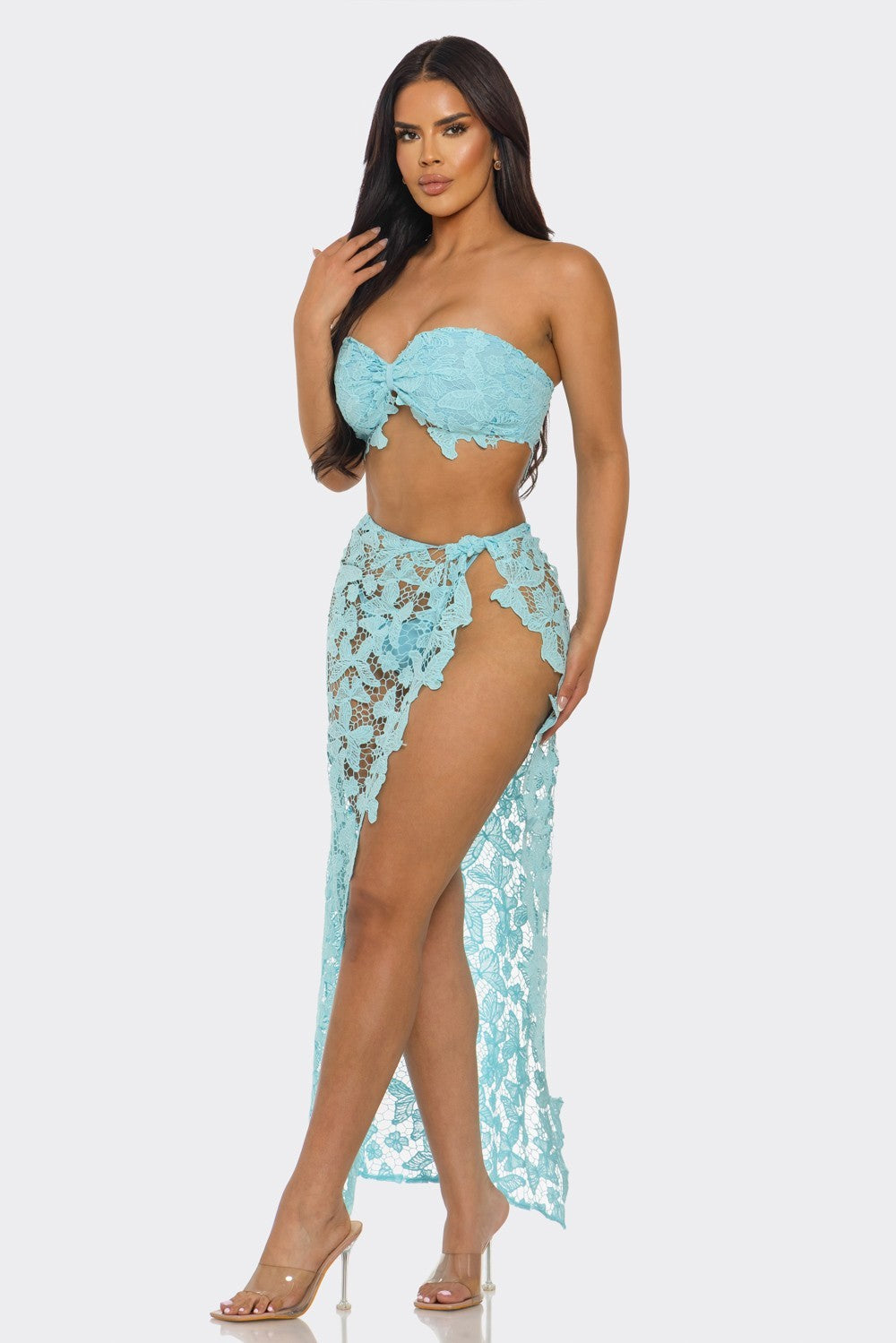 Butterfly Crochet Swimwear Coverup Skirt Set With Matching Underwear- Blue