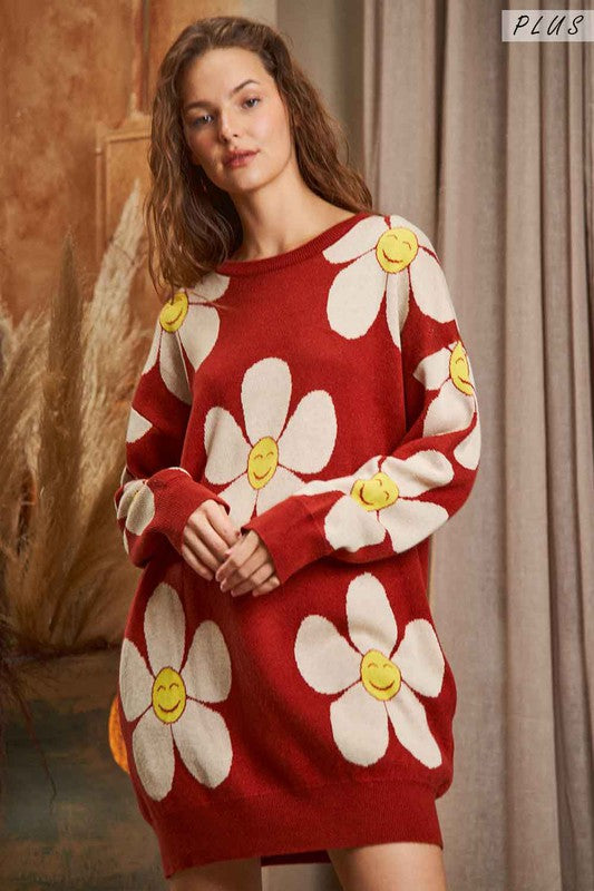 PLUS SIZE HAPPY FACE PRINT KNIT SWETAER DRESS-2 COLORS