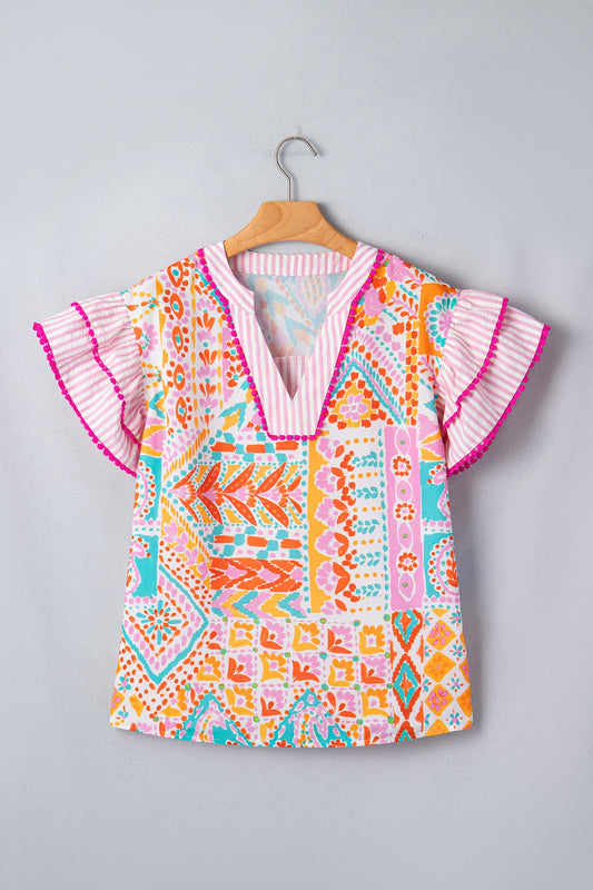 Boho Contrast Trim Patchwork Tiered Short Sleeve Blouse