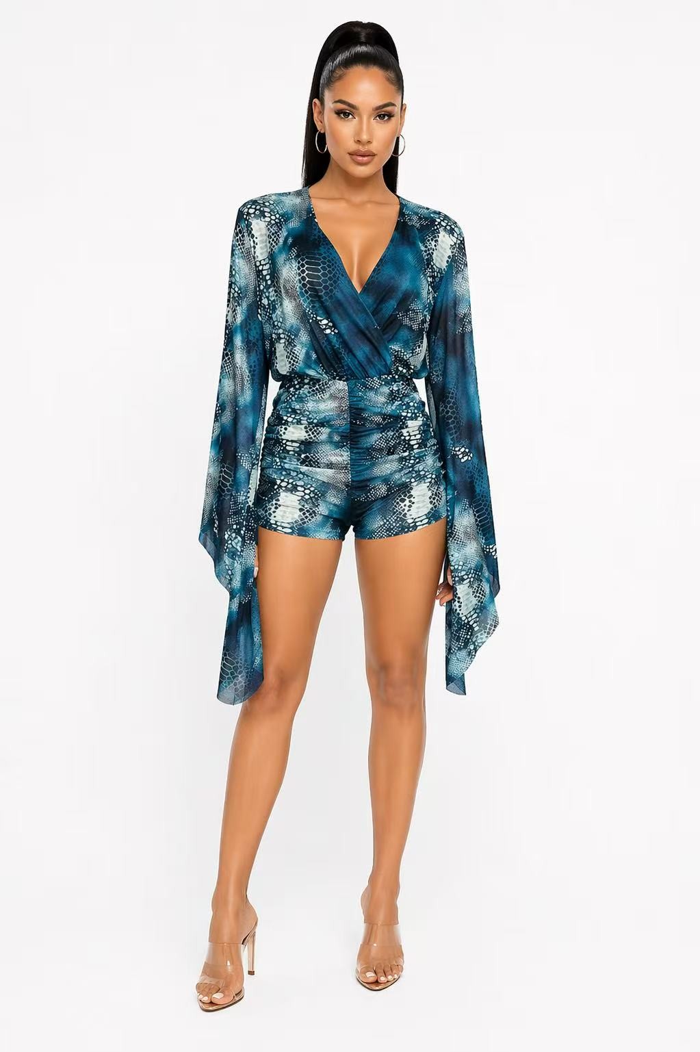Teal Python Print Ruched Romper