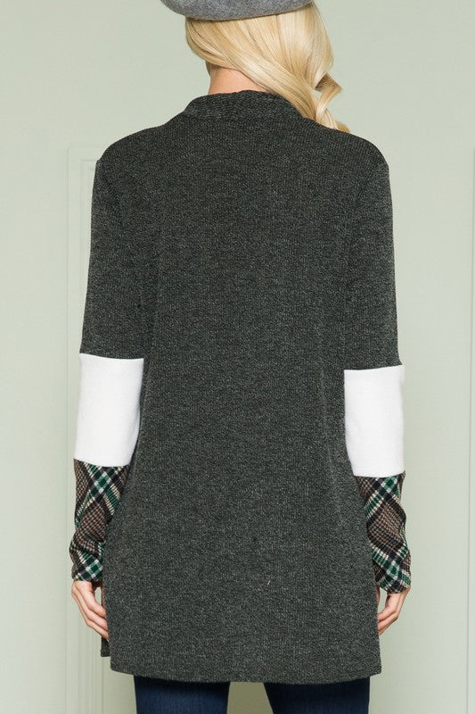 Plus Size Solid Plaid Contrast Long Sleeve Cardigan- 2 Colors