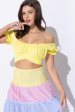 OFF SHOULDER PLEATED CROP TOP WITH BACK RIBBON TIE-5 COLORS