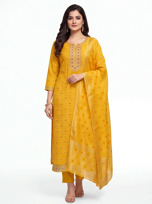 1746 - Yellow Bandhani Kurti Set With Dupatta For Women Traditional Indian Wear