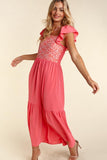 PLUS SIZE EMBROIDERY DOT WOVEN MAXI DRESS WITH SIDE POCKETS