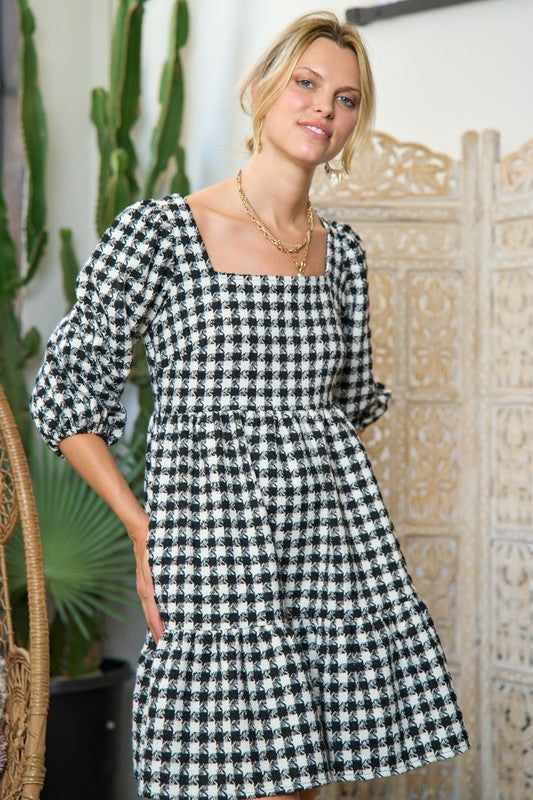 TWEED PUFF SLEEVE MINI DRESS- 2 COLORS