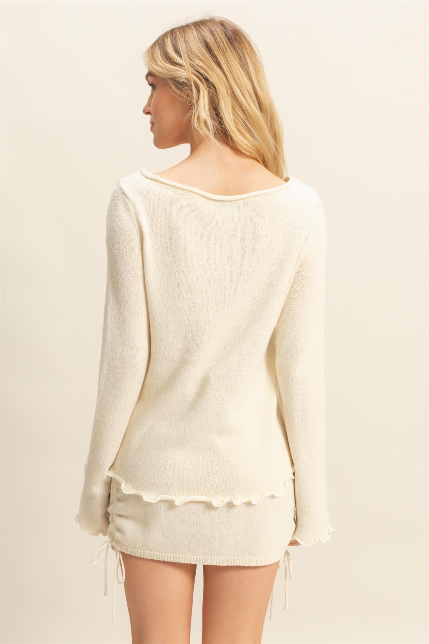 Chill Mode Long Sleeve Top & Ruched Laced Up Side Mini Skirt Set- Cream