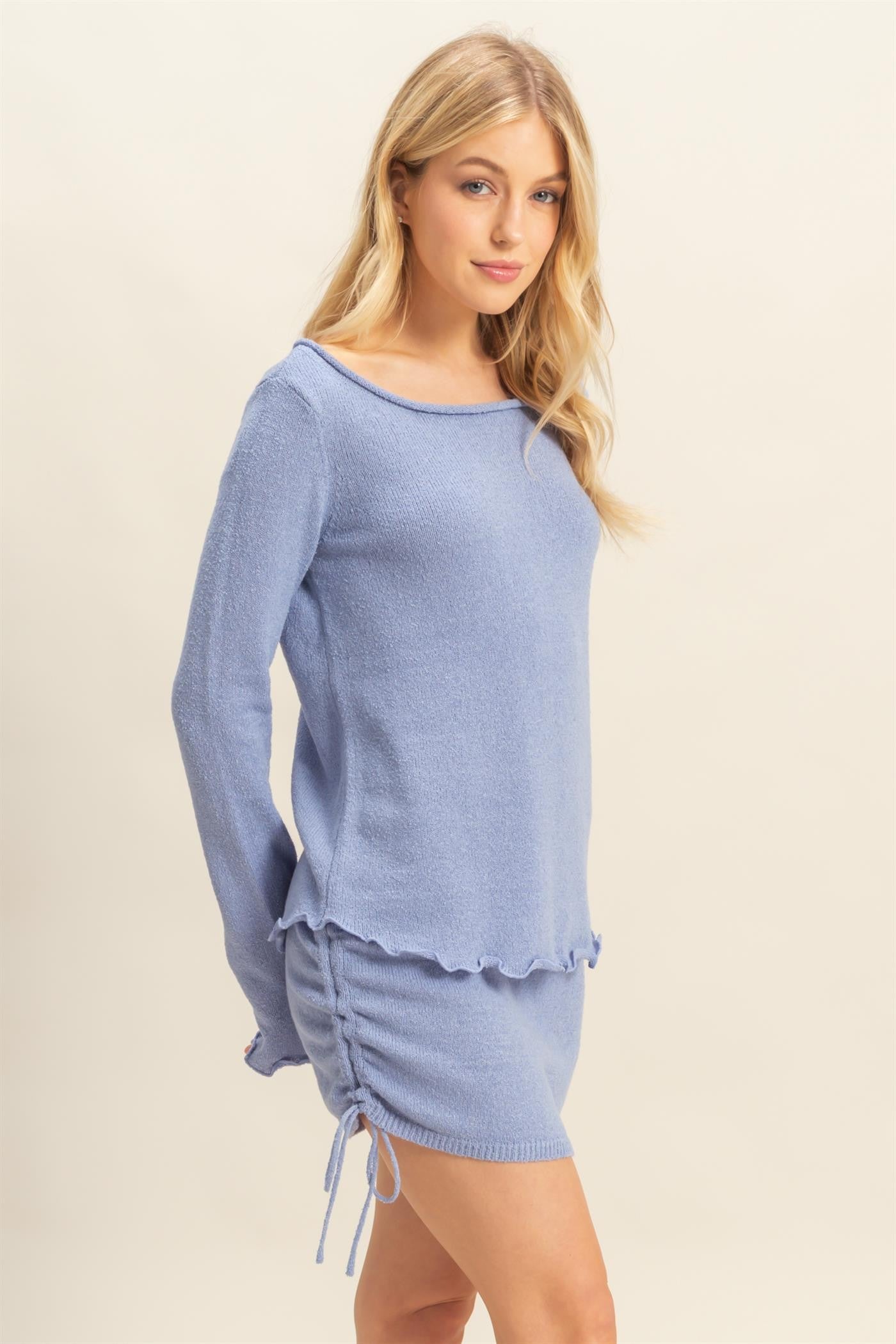 Chill Mode Long Sleeve Top & Ruched Laced Up Side Mini Skirt Set- Periwinkle