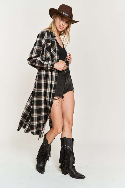 PLUS SIZE PLAID PRINT COLLAR LONG SHIRT DRESS-3 COLORS