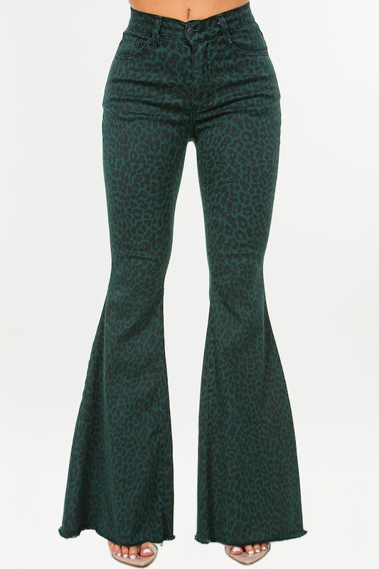 Leopard Bell Bottom Jean in Green- Inseam 32