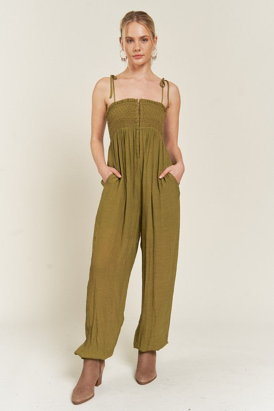 SMOCKED TIE STRAP JUMPSUIT-2 COLORS