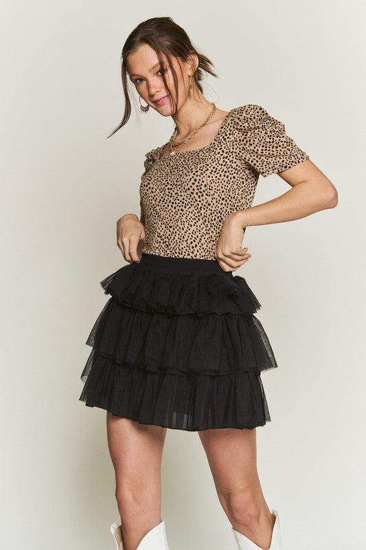 SOLID MESH TIERED SKIRT- 2 COLORS