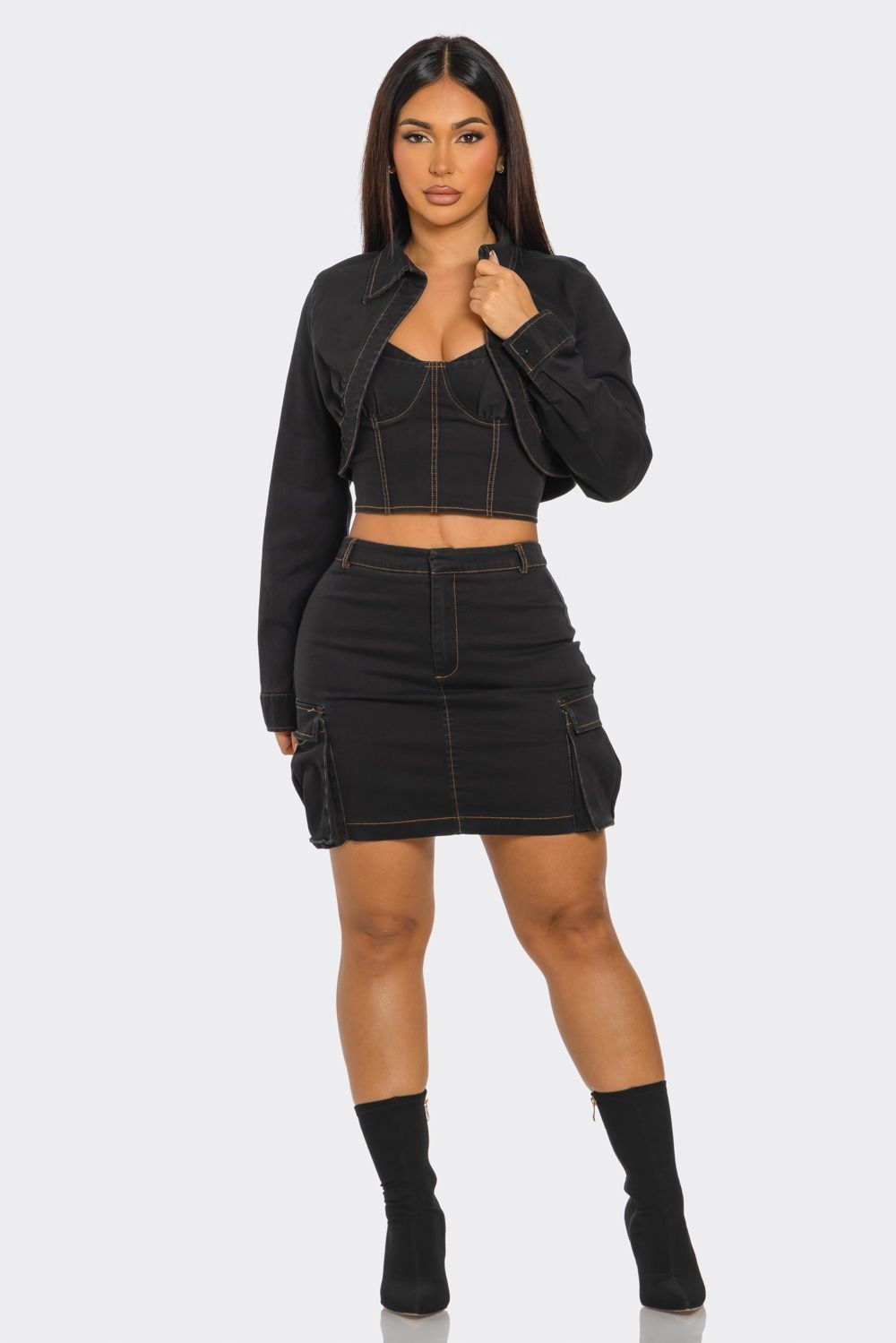 Bringing the Fun Denim Mini Skirt, Cropped Top , & Jacket Set- Black