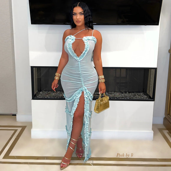 Baby Blue Mesh Coverup Up Frill Maxi Slit Dress