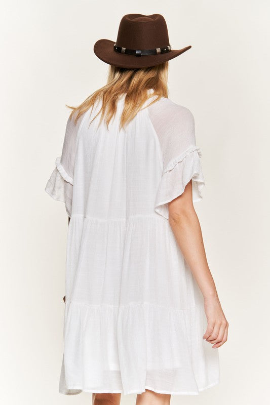 Ruffled Neck Tiered Mini Dress -2 Colors