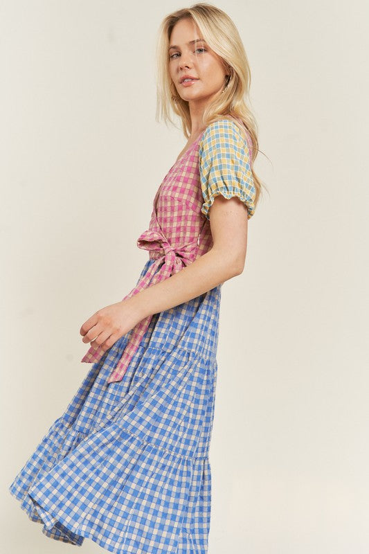 PLUS SIZE COLORBLOCK GINGHAM DRESS