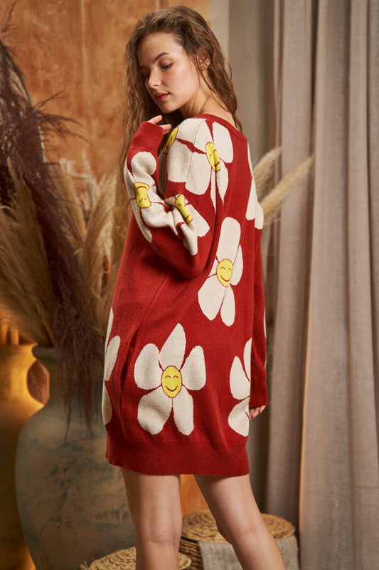 PLUS SIZE HAPPY FACE PRINT KNIT SWETAER DRESS-2 COLORS