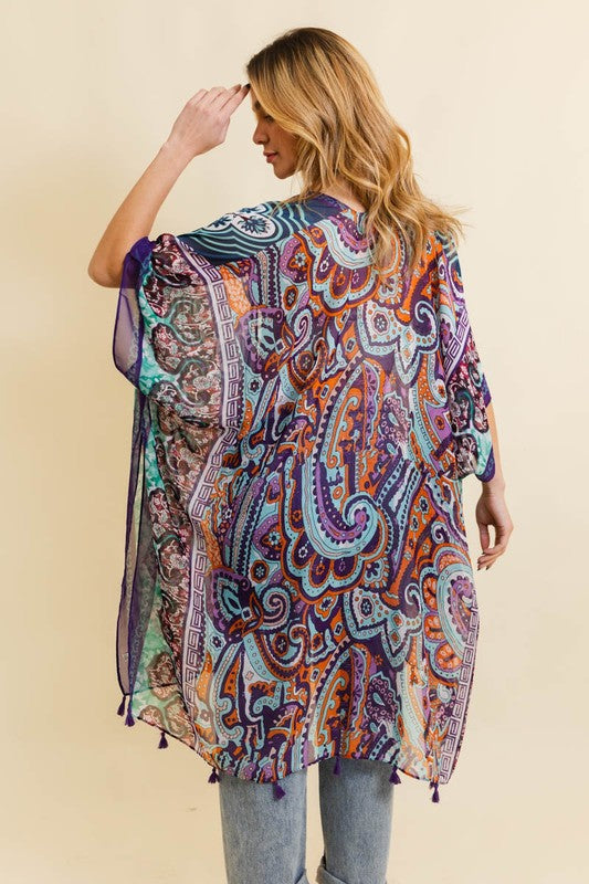 Paisley Print Open Front Kimono w/ Cinched Arms-3 Colors
