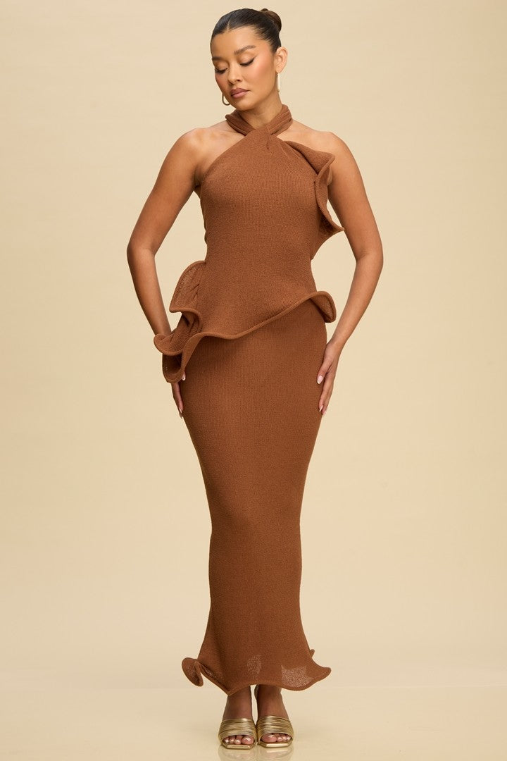 Knit Ruffle Halter Maxi Dress-Brown