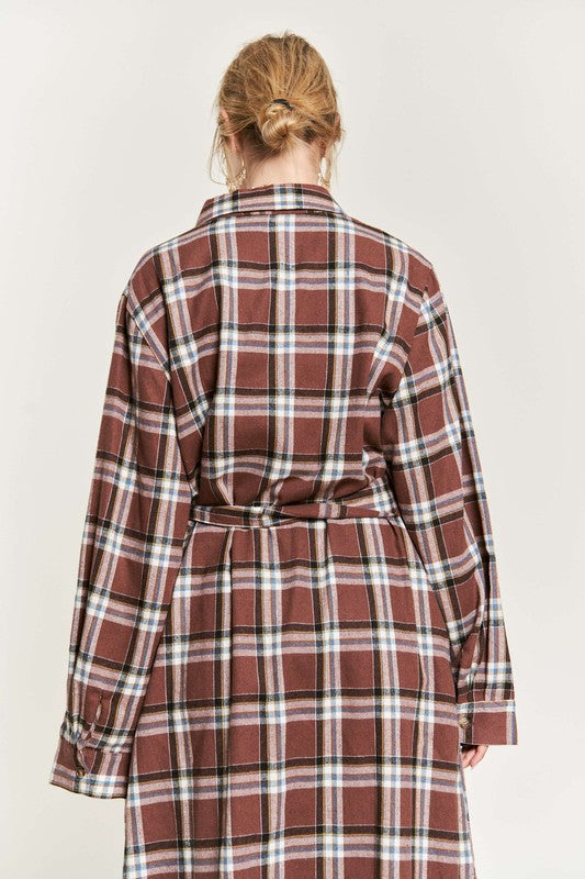 PLUS SIZE PLAID PRINT COLLAR LONG SHIRT DRESS-3 COLORS