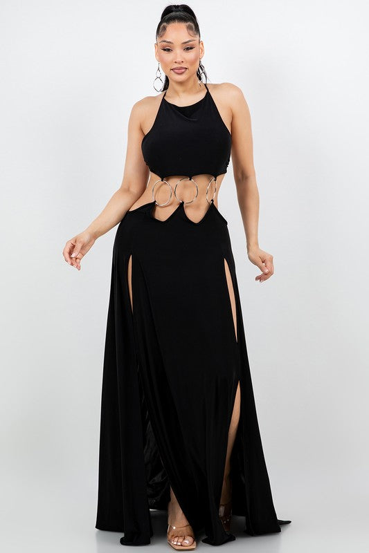 Ringed Open Back Slit Up Maxi Dress/Coverup Dress