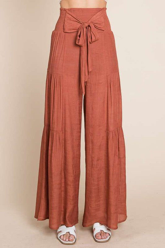 Plus Size Tie Front Ruched Waist Back Pants-3 Colors