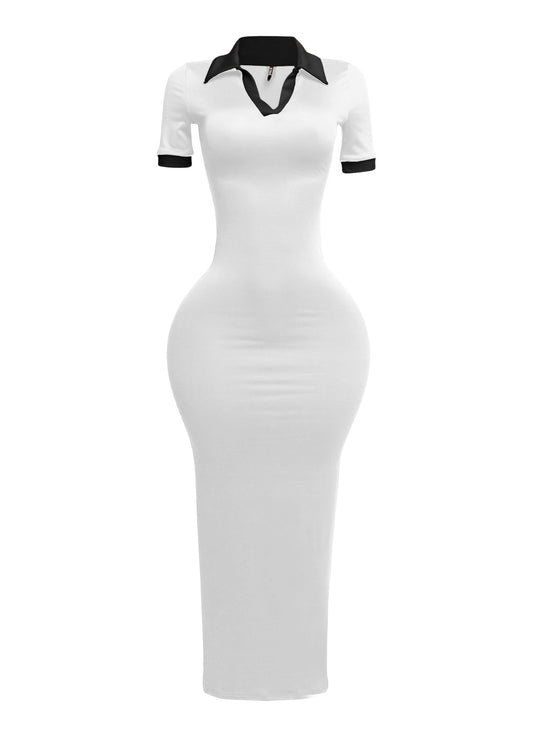 Collar Neck Short Sleeve Contrast Maxi Dress- White
