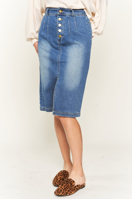 Denim Buttoned Knee Length Skirt