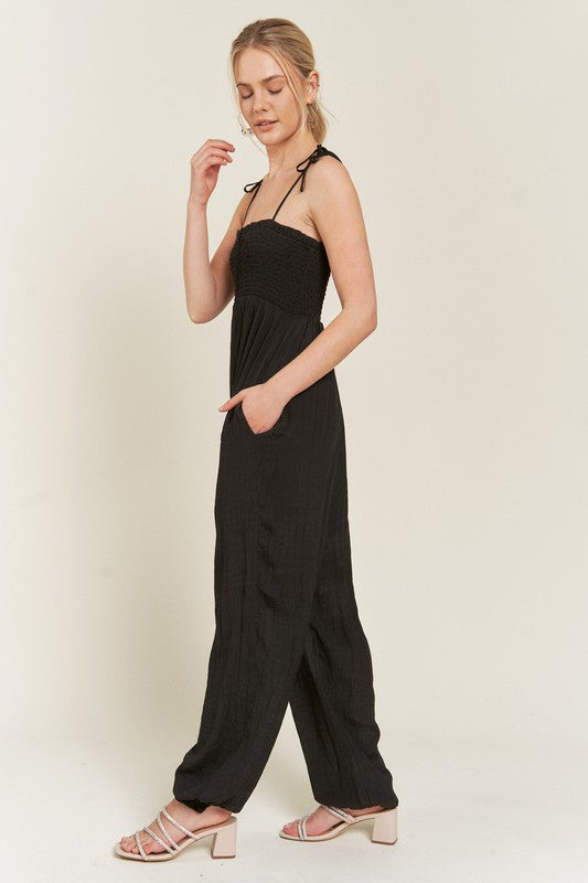 SMOCKED TIE STRAP JUMPSUIT-2 COLORS