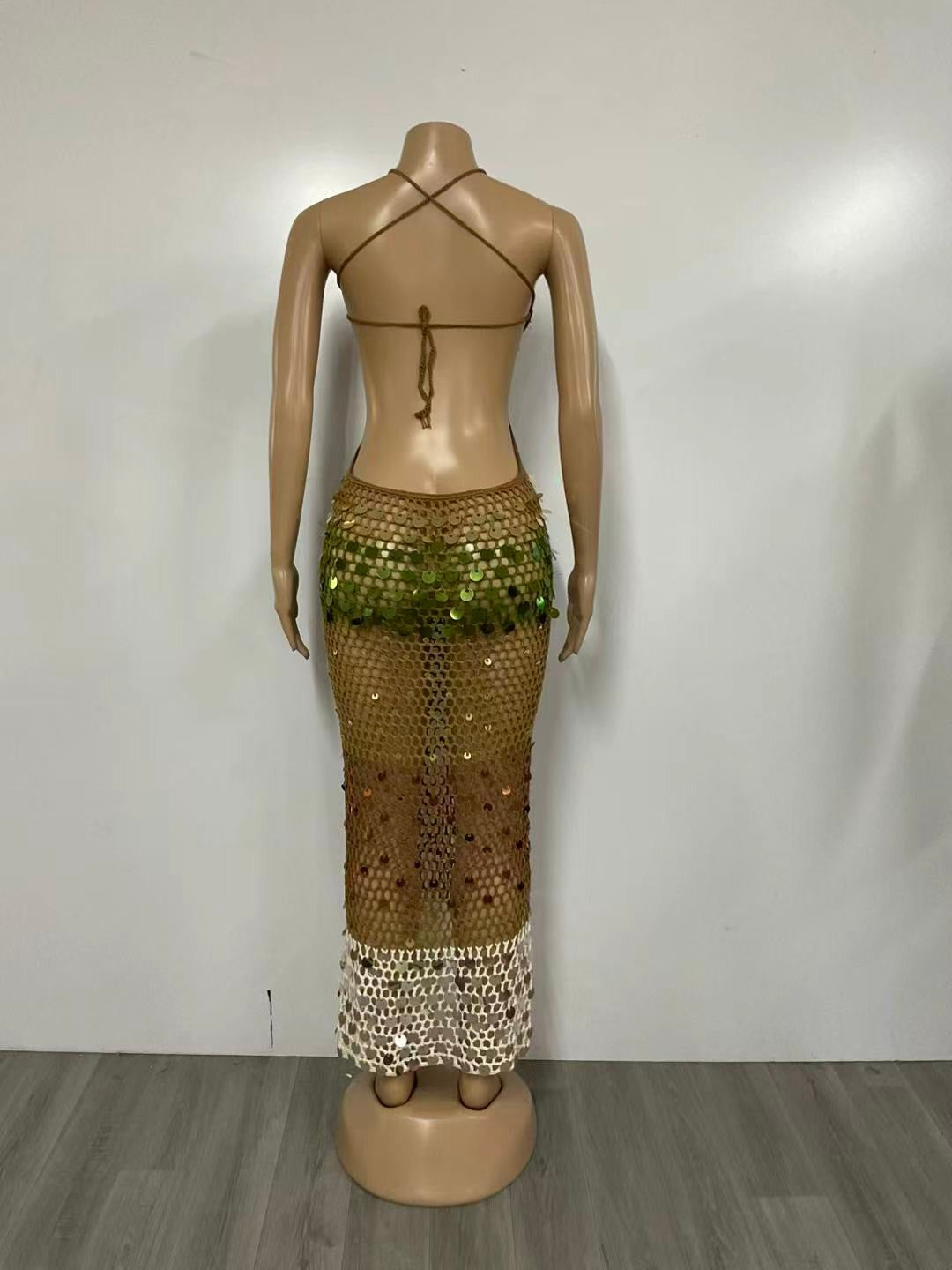 Toffee Dream Crochet Sequin Dress/Swimwear Coverup